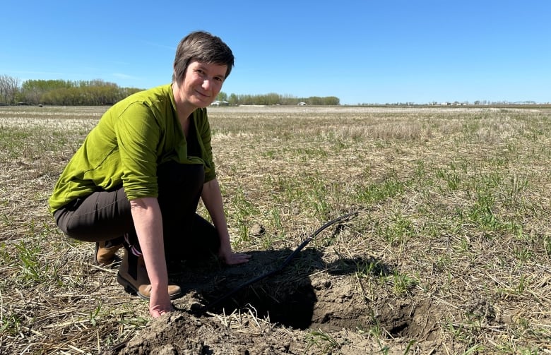 A woman kneels near a hole in a filed_yythkg (1).jpg